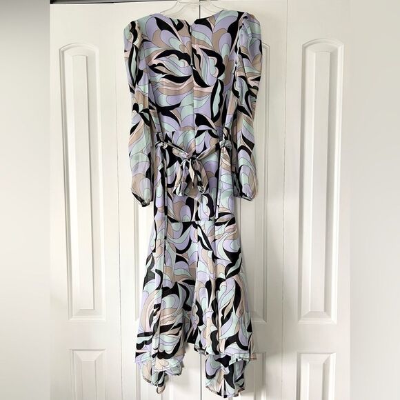 NWT Calvin Klein Women's Faux Wrap Puff Sleeve Midi Dress in Black Opal Print - Picture 6 of 9